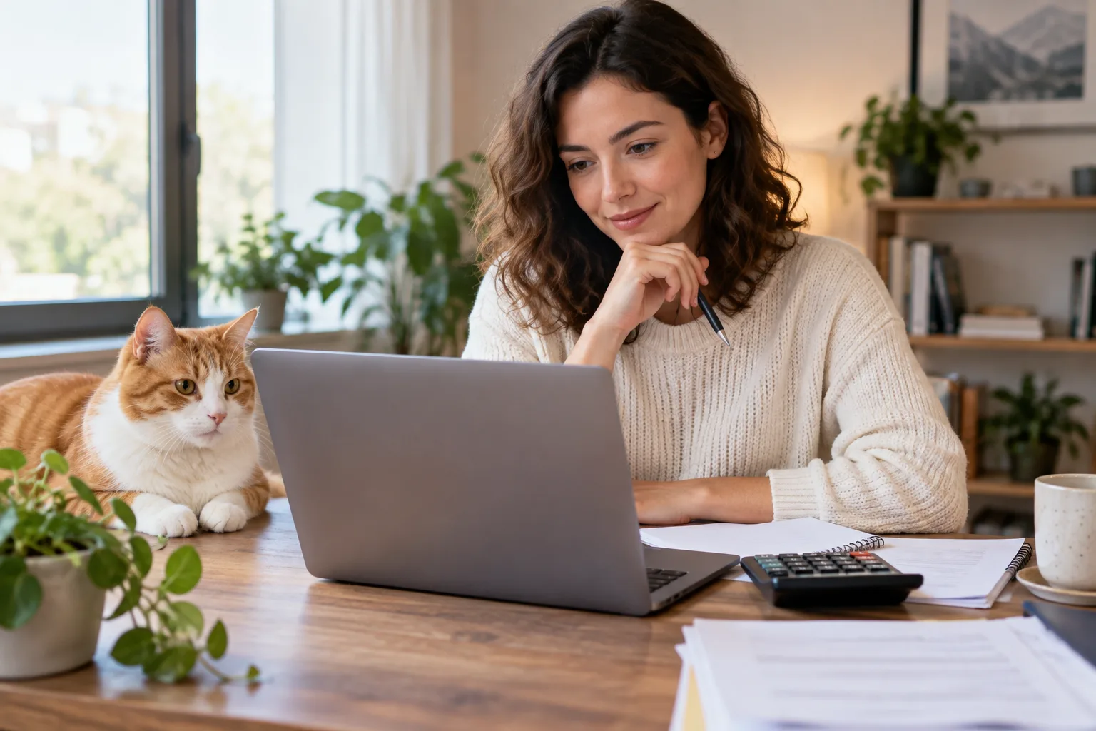 Owner reviewing information on a laptop with a cat nearby