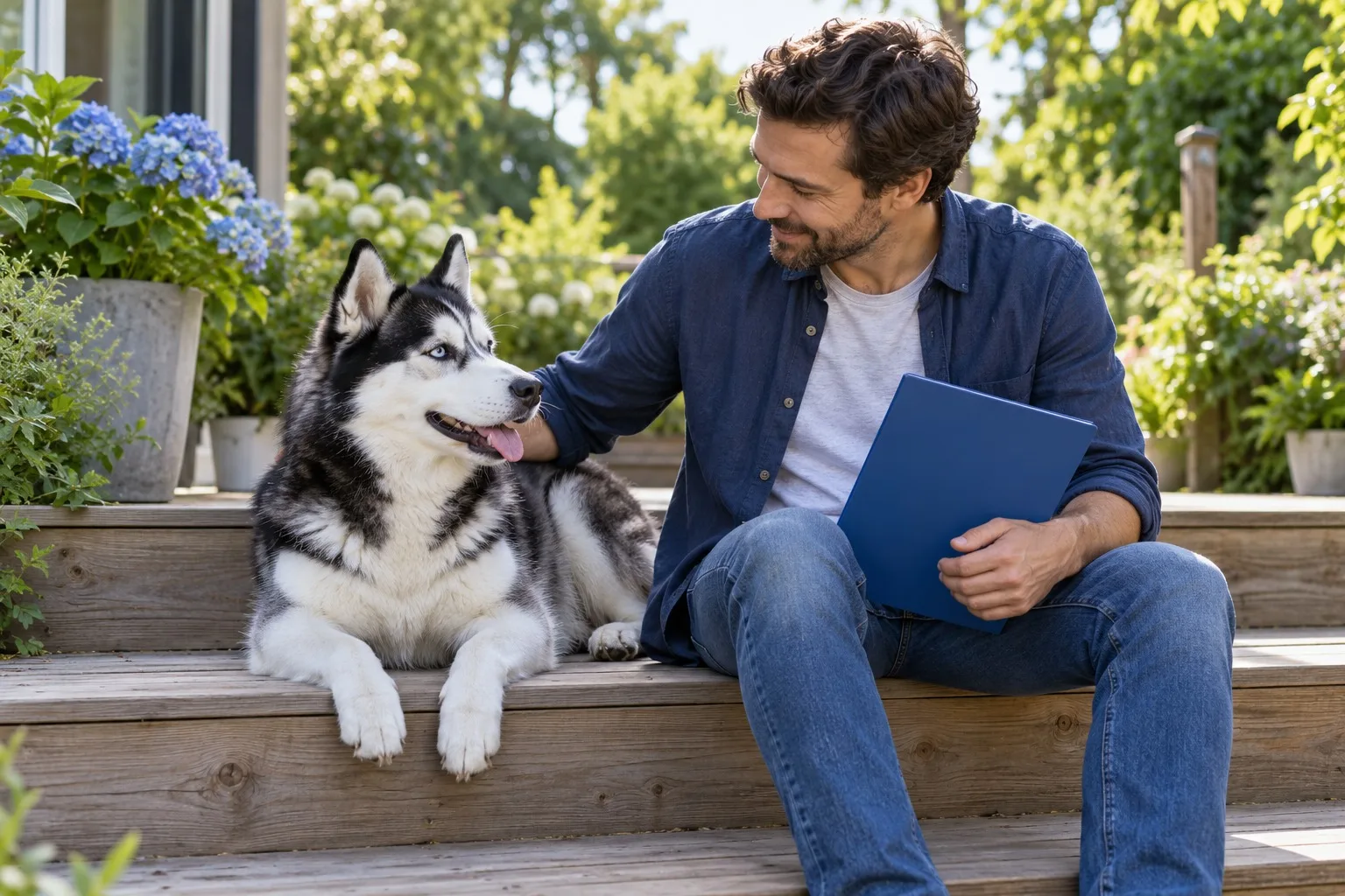 Owner holding a folder beside a dog in a garden